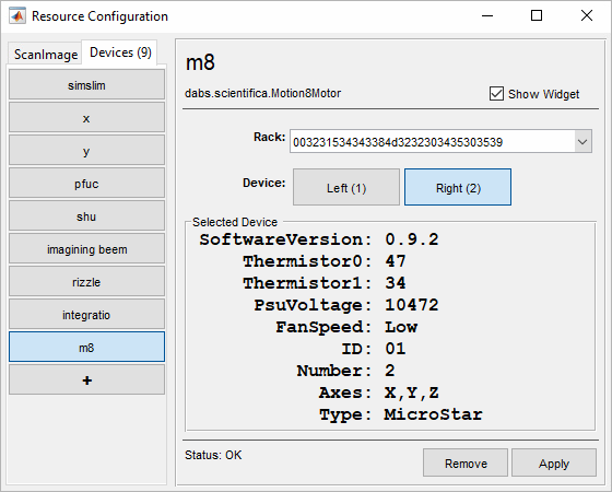 Image of Motion8 resource configuration page with configured Rack and Left Device selected.