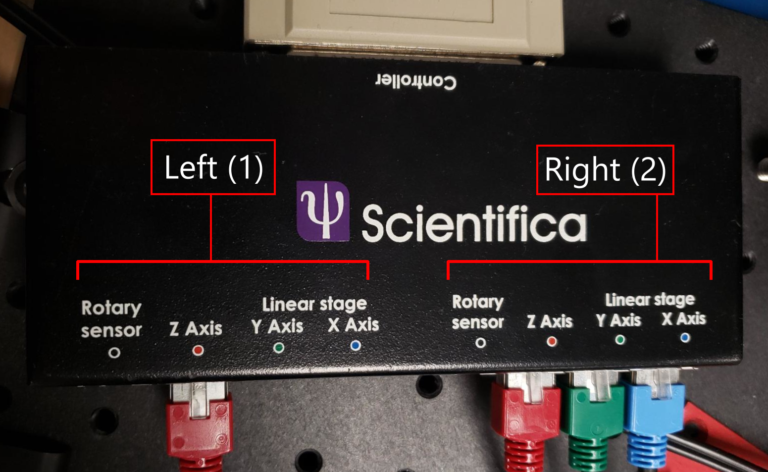 Image of Motion8 Controller with Left and Right Devices annotated.
